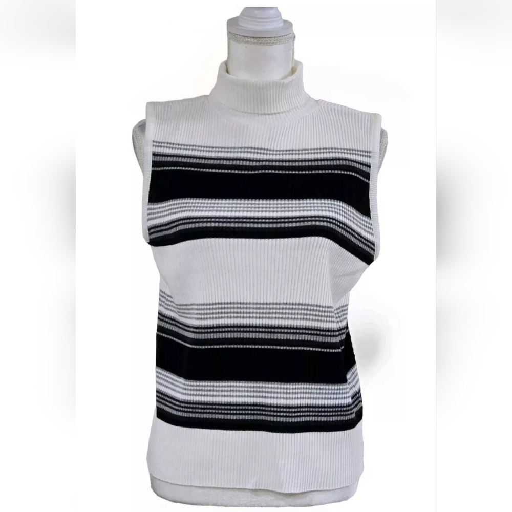 Fiorlini Internationa Turtle Neck Sleeveless Ribbed Top Black/White Large NWOT